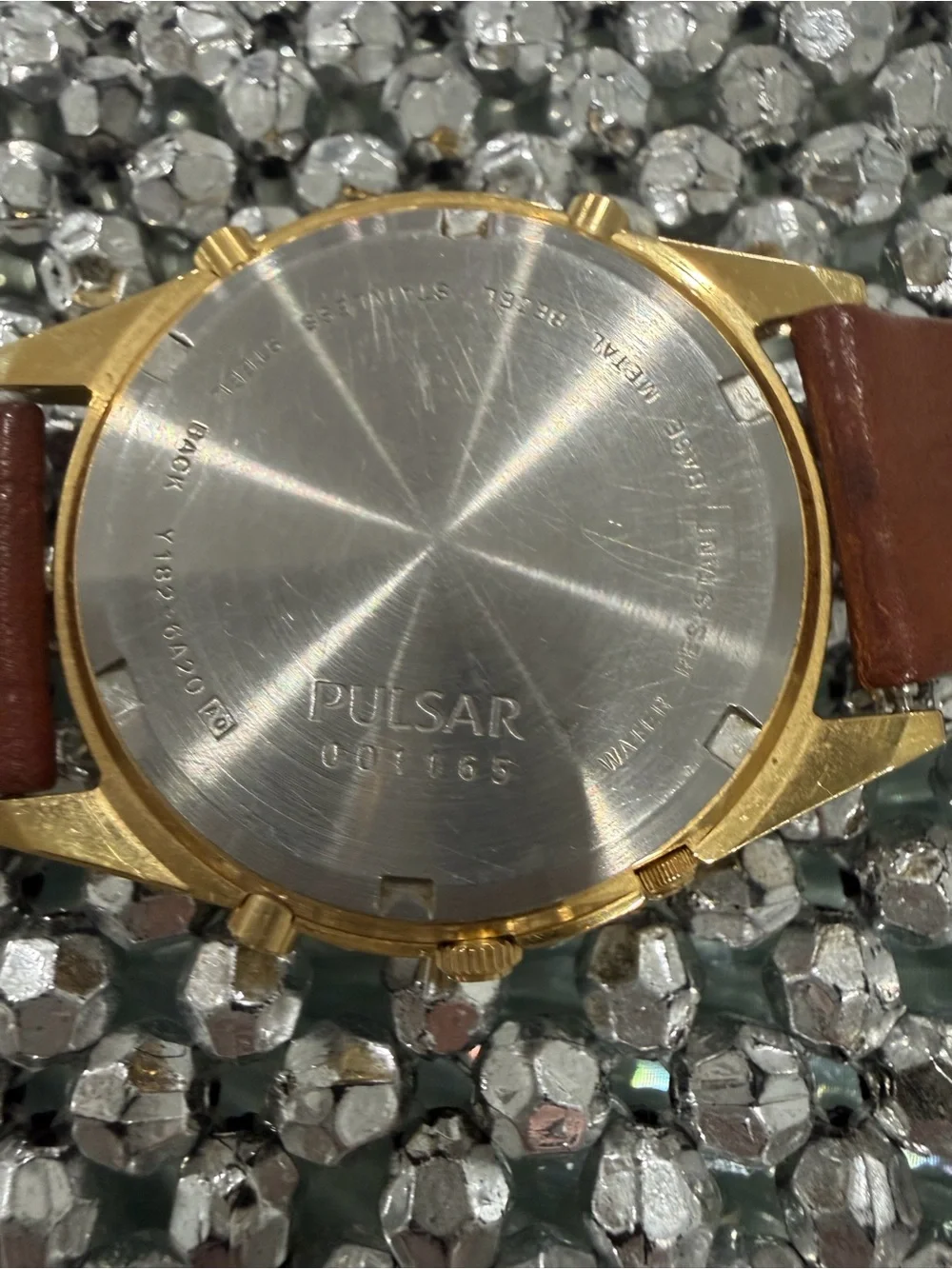 Pulsar Gold-Tone Chronograph Watch with Blue Subdials and Brown Strap